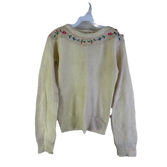 Vintage 70s Floral Stitched Waffle Thermal Knit Sweater Cottage - Picture 1 of 7